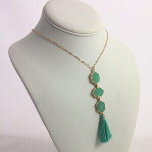 Jewelry necklace tassel long green druzy yellow gold tone elegant new
